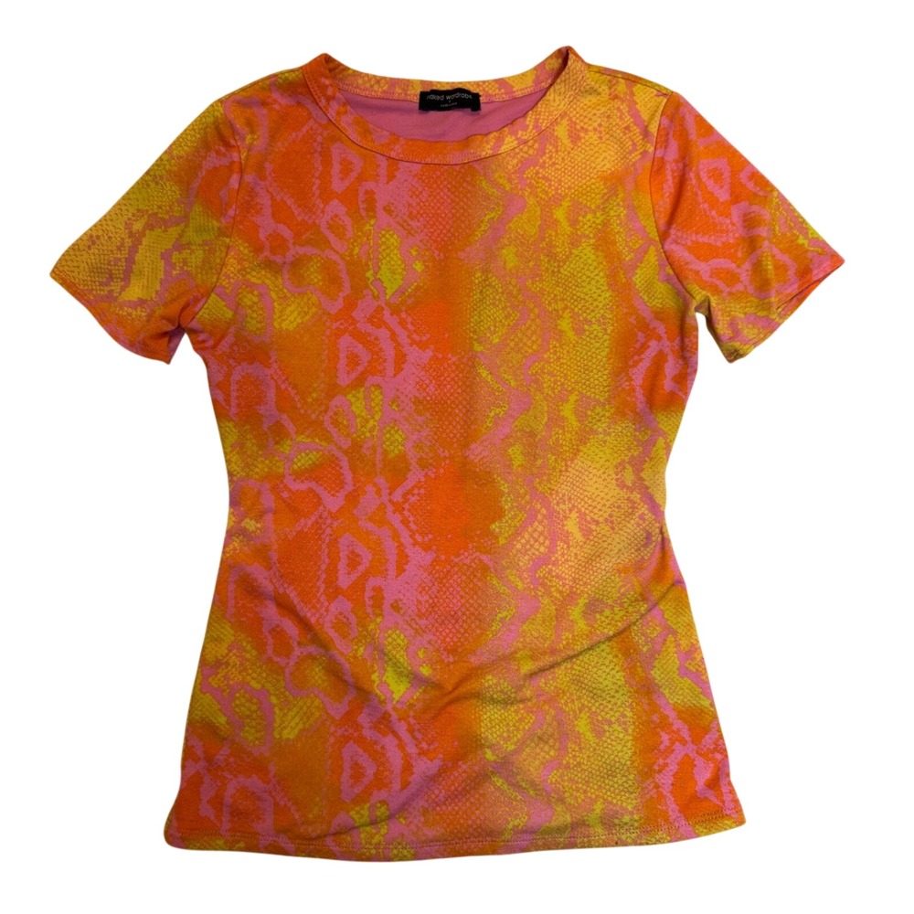 Naked Wardrobe Y2K Snakeskin Print Bodycon Stretch Tee Pink Orange Club Sz S